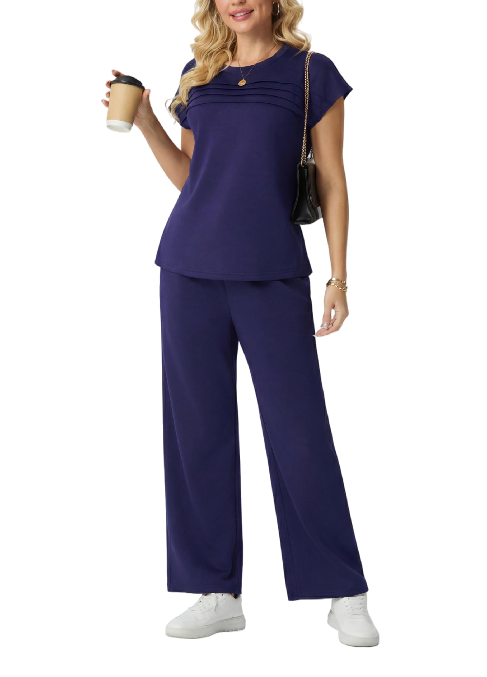 GRECERELLE Tuta da donna estiva da viaggio in due pezzi tuta da donna set completo a maniche corte casual girocollo manica ad aletta anteriore Plisse set abbinati pantaloni a gamba larga - 5