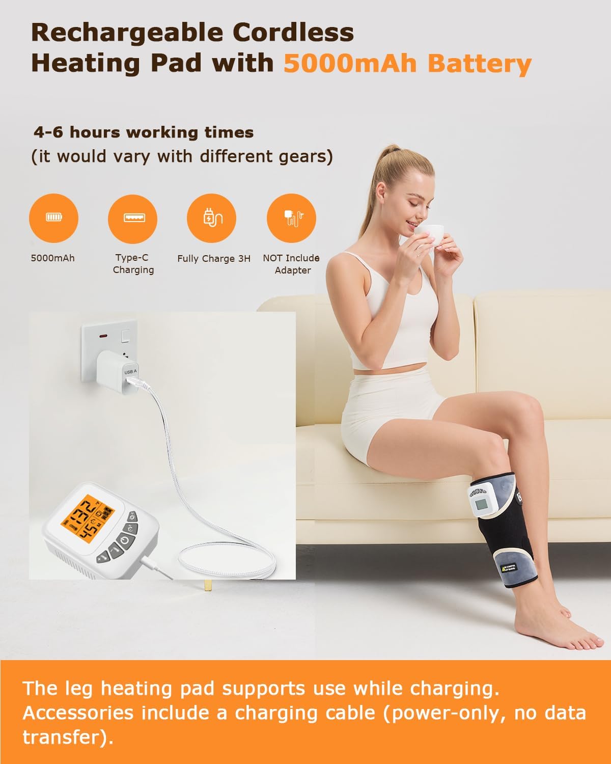 Cordless Leg Massager for Circulation and Pain Relief - 5000mAh Portable Heating Pad for Leg and Calf with 3-Level Vibration Massage, 104-140℉ Adjustable Temperature & 30/45/60 Min Timer - Image 6