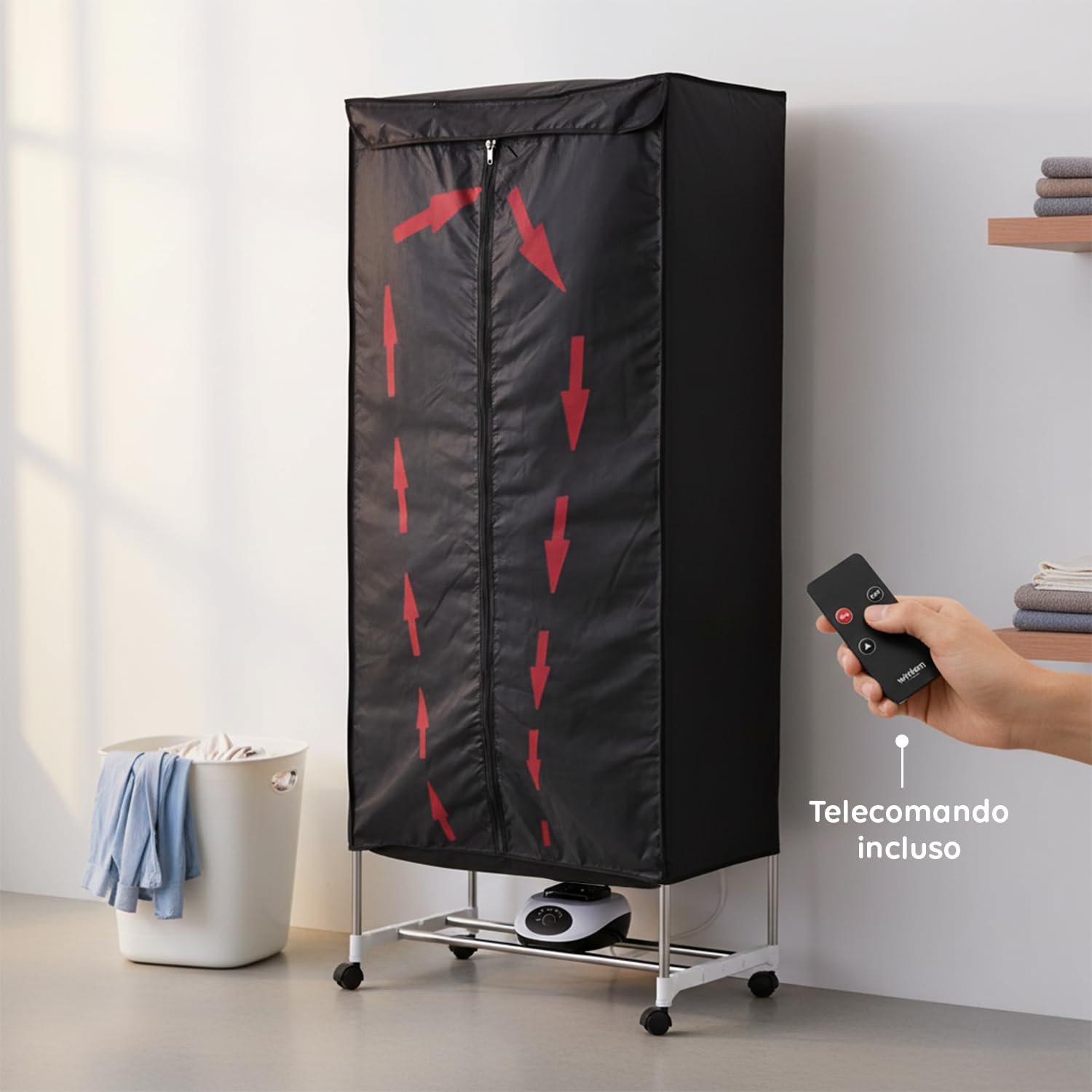 Wintem Drybox Smart Asciugatrice ad Aria Rettangolare 1000W con Timer 4 Ore, Telo di Copertura e Telecomando, Multiuso come Stendibiancheria Elettrico e Armadio Portatile