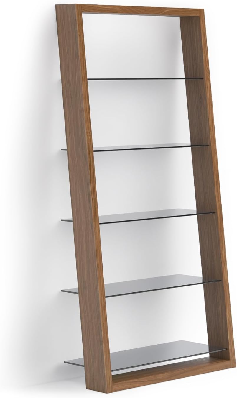 BDI FurnitureEileen 5166-74" x 34.25'' Leaning Shelf for Living Room, Family Room or Office with 5 Polished Tempered Glass Shelves, Natural Walnut