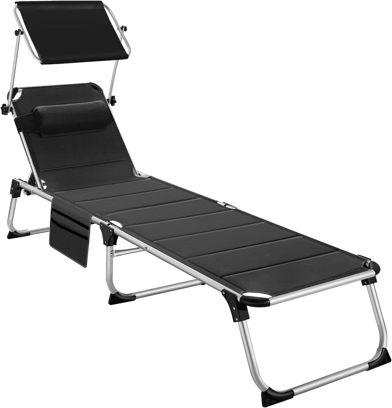 tectake® Sdraio da Mare, Sdraio da Spiaggia Pieghevole con Parasole, Sedia da Giardino, Schienale Regolabile 6 Posizioni, Telaio in alluminio, Cuscino Poggiatesta Removibile e Tasca Laterale - Nero