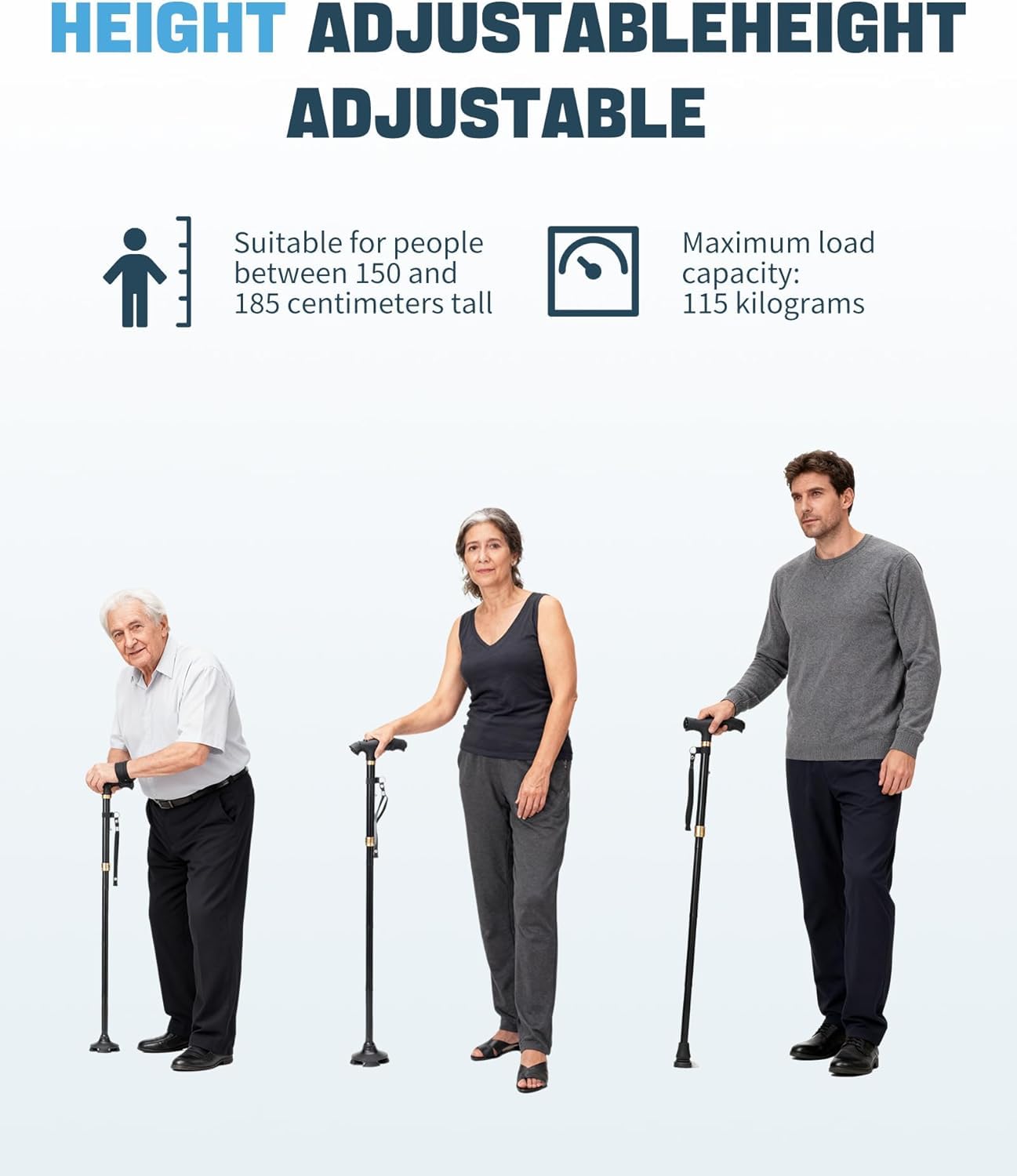 Sinocare Bastones Caminar Extensibles Hombres Mujeres Mayores | Bastón Aluminio Ligero Extensible (83-95cm) Base Giratoria 360° Antideslizante Capacidad 113kg Trekking Negro