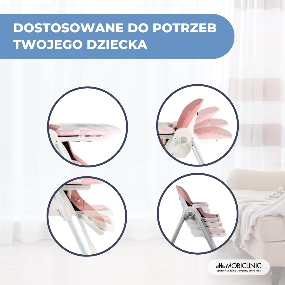 Mobiclinic®, Wysokie krzesełko dla dziecka, Evolutive, Dodatkowe składanie, Możliwość przekształcenia w krzesełko, Simba, 5-punktowe, Kółka z hamulcami, Podwójna wyjmowana tacka