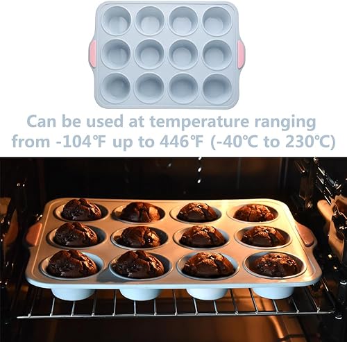 Miniatura 2 de Guowall Molde de silicona para magdalenas para hornear, 12 tazas antiadherente para cupcakes, con marco reforzado de metal, 12 cavidades