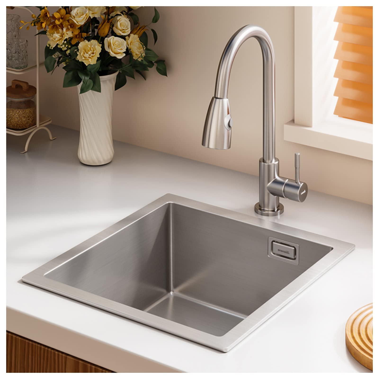 Évier de cuisine 17.3x17.3in en acier inoxydable 304 argent brossé encastrable avec robinet
