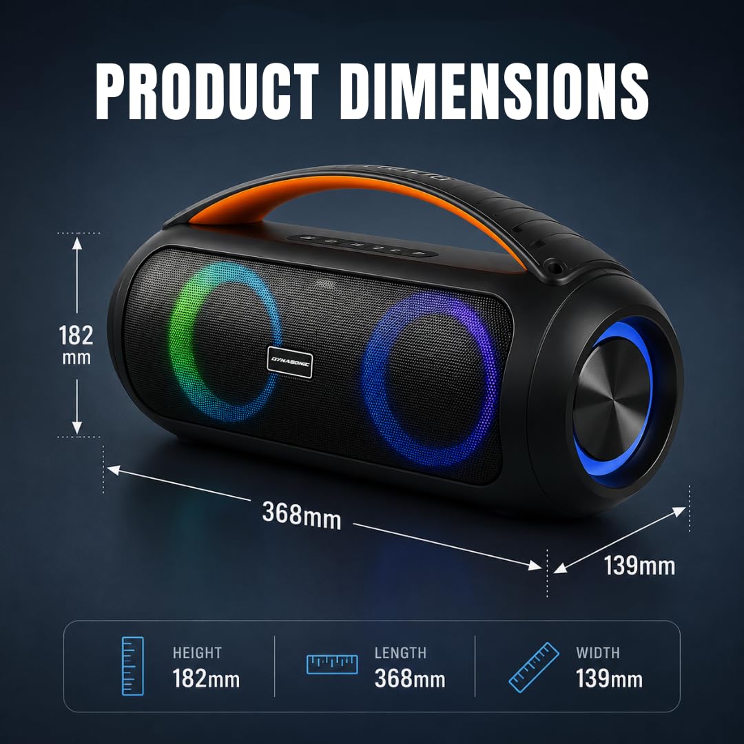DYNASONIC D93 - Enceinte Bluetooth Portable IPX5 Hautparleur Waterproof. Enceinte d'extérieur sans Fil. Stéréo sans Fil. Lecteur de Son Puissant avec lumières LED intégrées. Micro-SD, USB.