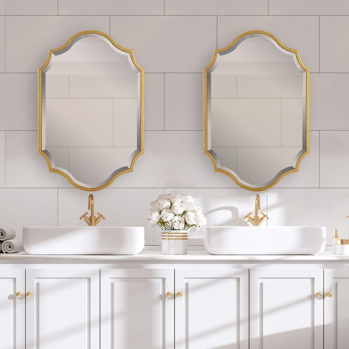 Moss + Fig Domari Gold Leaf Mirror | Modern Oval Engineered Wood Frame Bathroom Vanity Mirror Mounted Vertical or Horizontal (27 in. W x 41 in. H x 1 in. D)