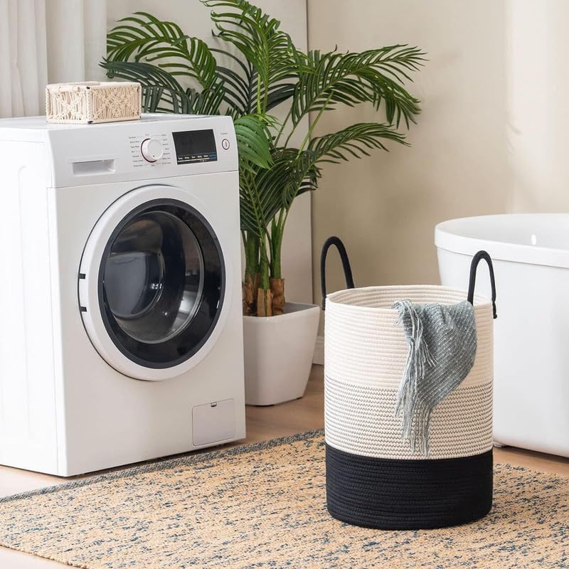Image of Jute Cotton Rope Laundry Basket with Handles, Large Tall Clothes Hamper for Bedroom, Baby Nursery, Bathroom, Laundry Room & Home Storage Organizer (14x16 Inch, White Black Grey)