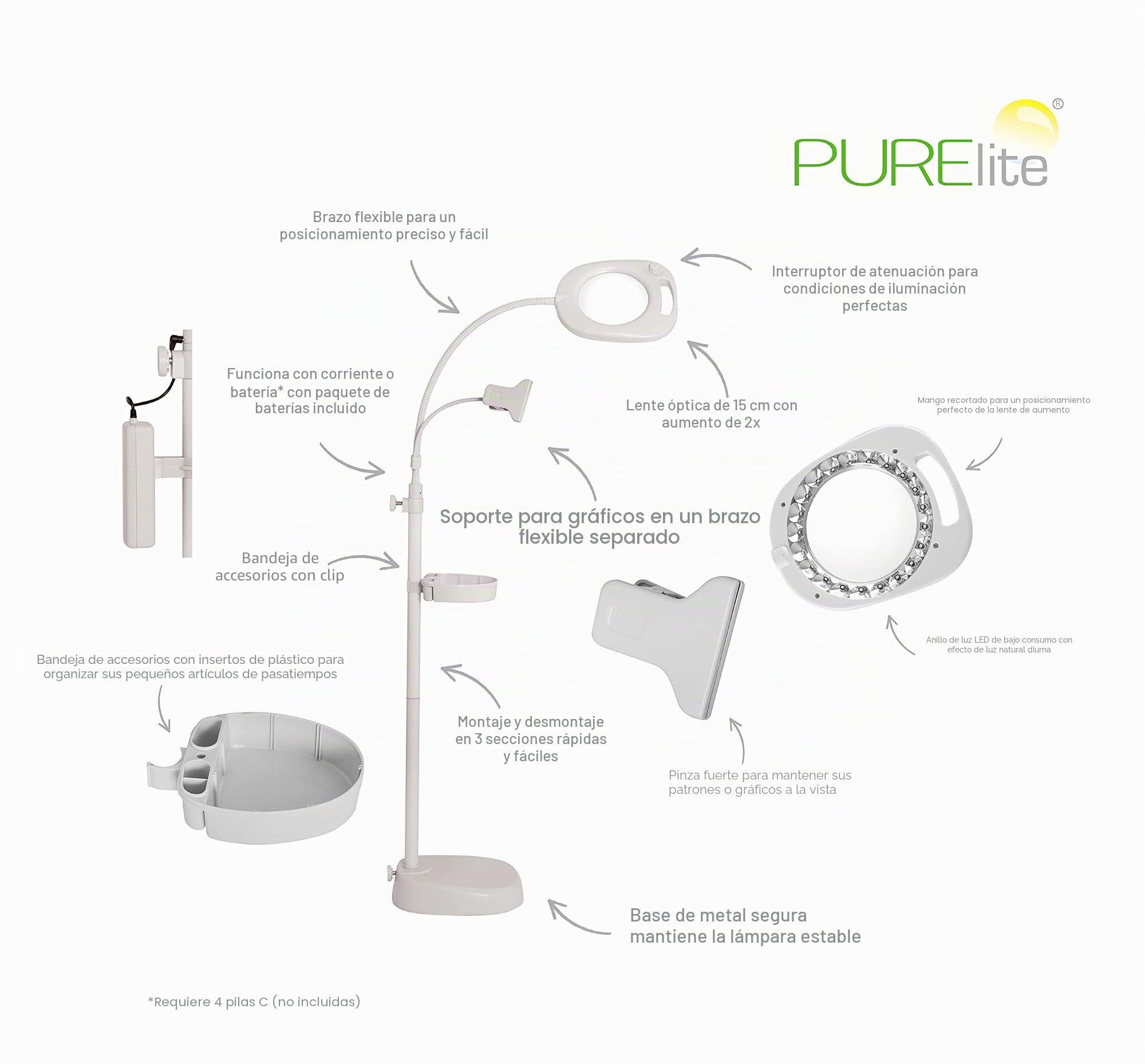 PURElite Lámpara de pie con lupa LED, lámpara de sobremesa regulable, soporte para carpetas, bandeja para accesorios, blanco