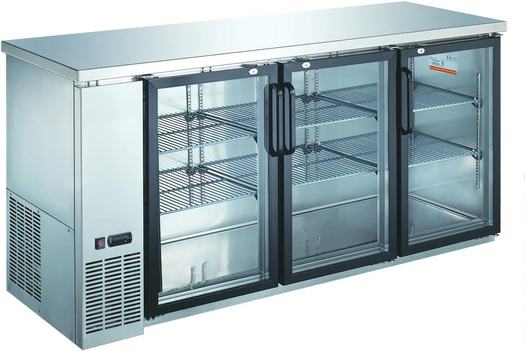 72" Commercial 3 Door Back Bar Beer Bottle Beverage Can Cooler Refrigerator, Black, with Stainless Steel Top and Glass Doors