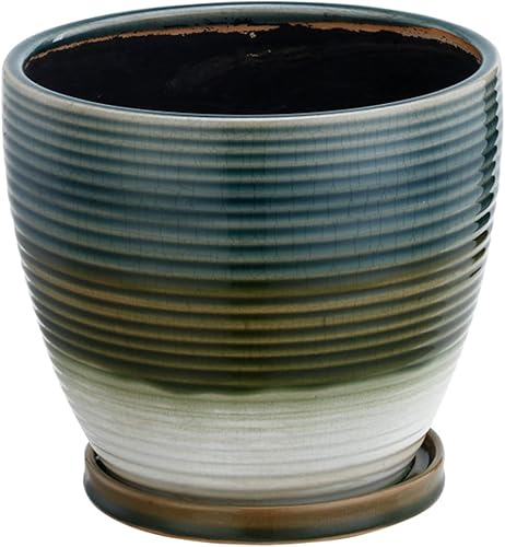 Napco Imports Maceta de cerámica acanalada con esmalte tricolor azul, verde y blanco para plantas de interior, maceta con platillo, 7.25 x 7.25x,