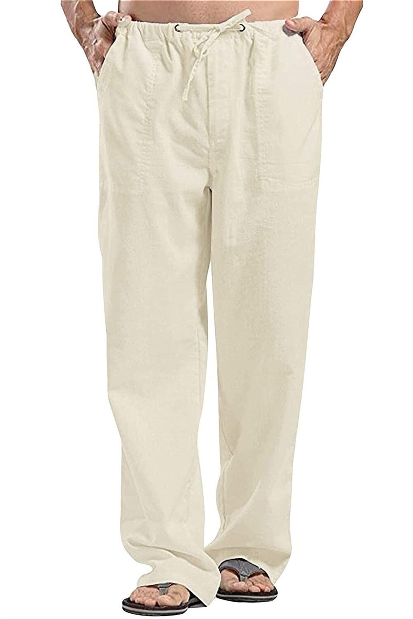 LINGHUI Pantaloni di Lino da Uomo, Pantaloni Lunghi Estivi da Uomo, Larghi, Leggeri, vestibilità Ampia, Pantaloni for Il Tempo Libero, Pantaloni da Spiaggia for Vacanze Pantaloni della Tuta