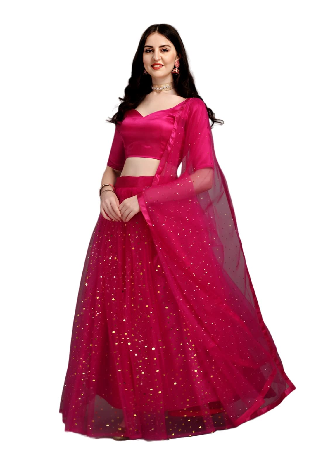 Tapi MaiyaWomen's Embellished Tilki Work Net Semi-stitched Lehenga Choli With Dupatta Set (Multi Colour) (Rani Pink)