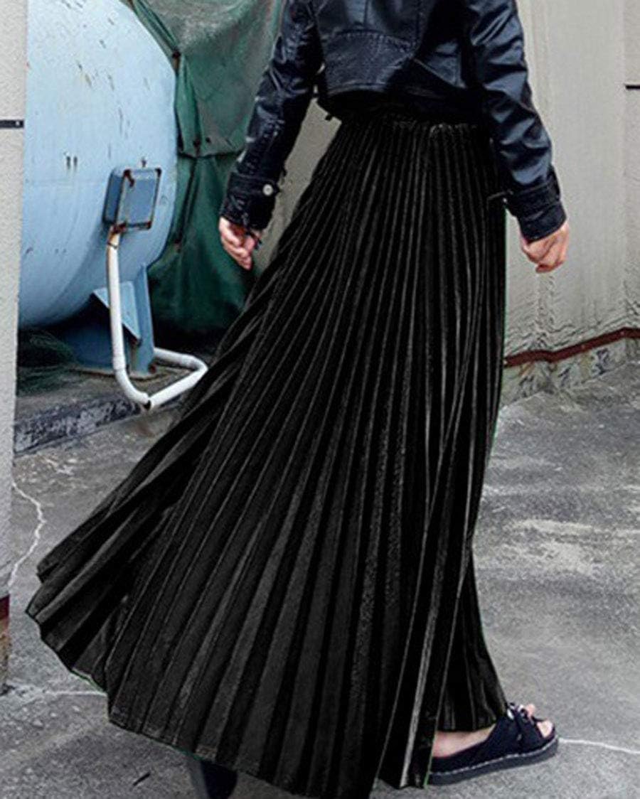 ebossy Women's Fall Winter High Wasit Ankle Length Velvet Maxi Long Pleated Skirt