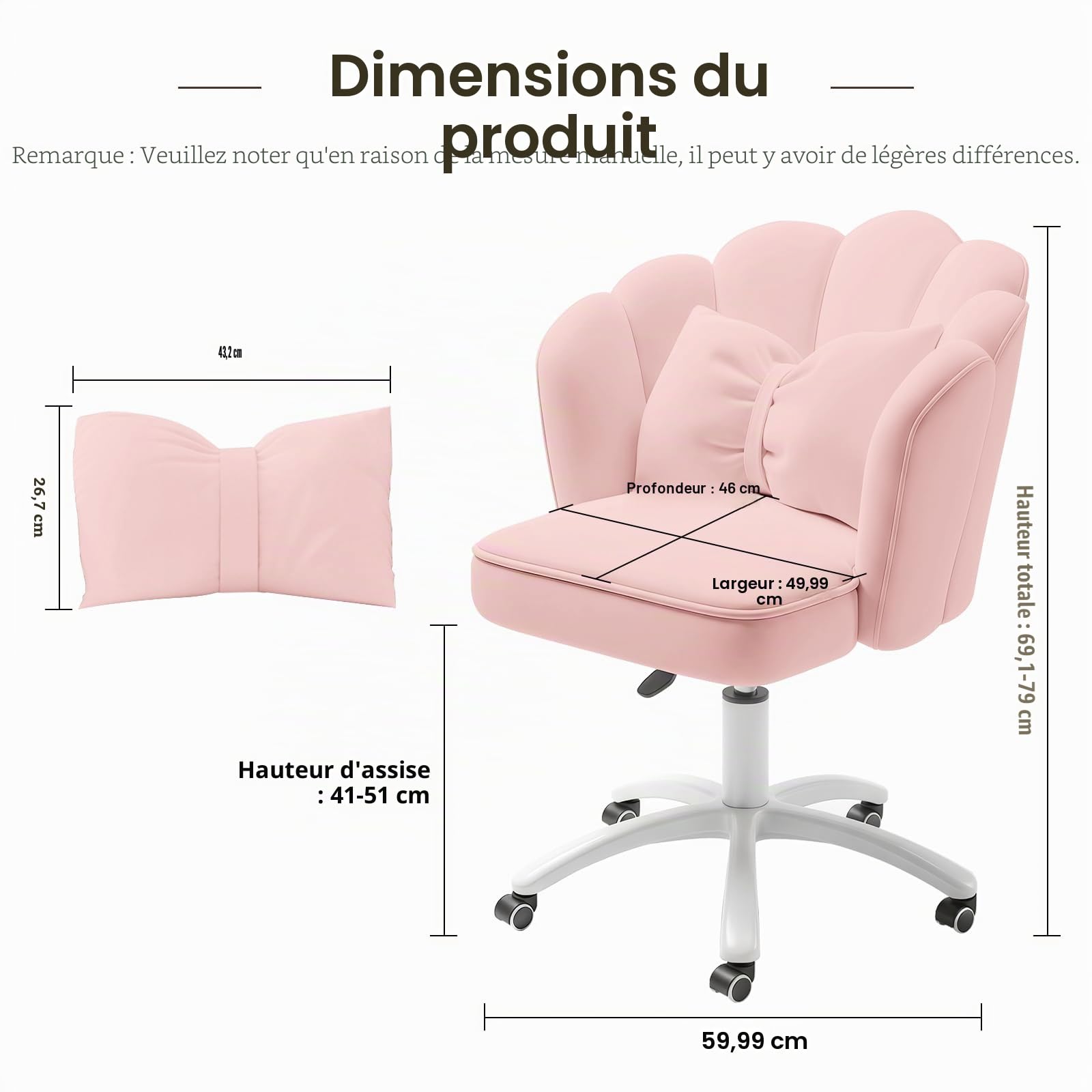 Fauteuil de Bureau Mignon 'Pétale'en Velours avec Coussin à Nœud,Chaise de Vanité Papillon pour Chambre à Coucher,Chaise de Travail avec Dossier pour Ordinateur(Rose)