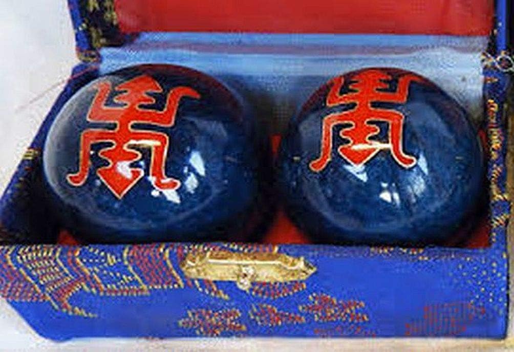 Chinese Health Balls. with Chimes; Long Life Symbols on Blue Background; 4cm Diameter