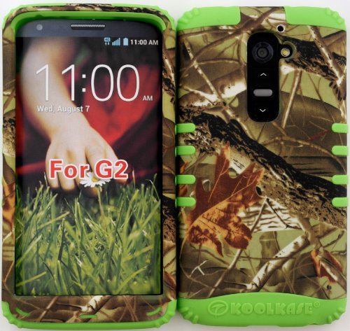 Wireless Fones TM Slim Fit Hybrid Dual Layer Exclusive Camo Mossy Hunter Series Case Cover for LG G2 AT&T T-MOBILE SPRINT D800 D801 LS980 (NOT FOR VERIZON) on Lime Green Skin.