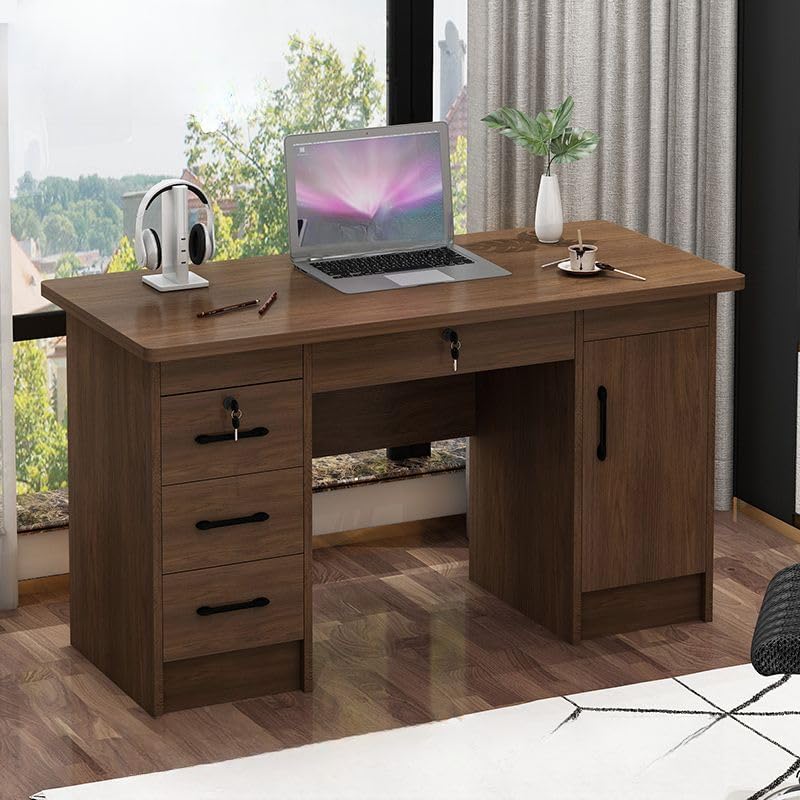 RUNNUP Wood Office Computer Desk with Locking Drawer, Contemporary Office Desk, Simple Writing Desk Home Office Furniture, Without Keyboard Tray, 47" L x 24" W x 30" H, Light Walnut Color