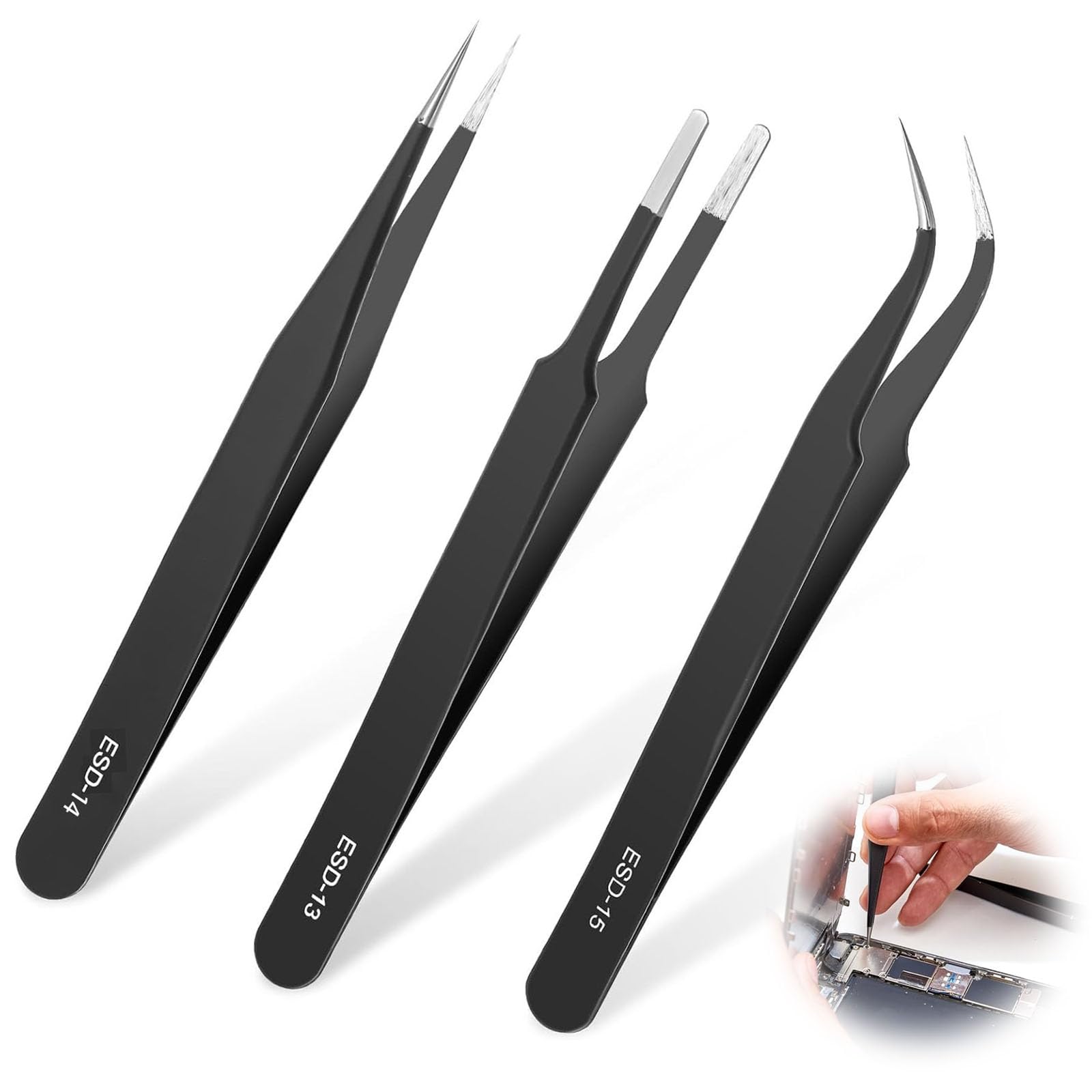 Jcuqgdoo Black Precision Esd Anti-Static Tweezers, 3 Pieces Precision Esd Tweezer Set, Stainless Steel Tweezers Set For Electronics, Jewelry-Making, Laboratory Work, Repairing