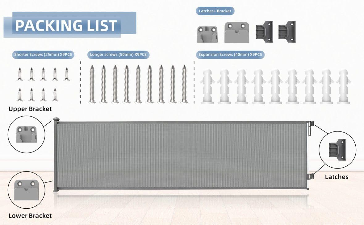 JUPIHOP - Puerta retráctil para escaleras sin taladrar y perforar para bebés y perros, hasta 300 cm, gris, puertas interiores extensibles, puerta de seguridad para niños, barrera de escaleras para