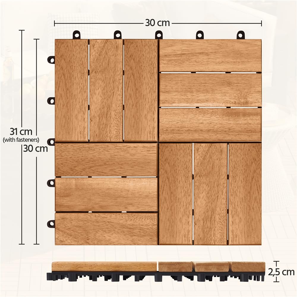 Yaheetech Piastrelle da Giardino in Legno di Acacia 30 x 30 cm Pavimento Impermeabile Resistenti alle Intemperie per Esterni Balconi Giardino Terrazzo 10 pcs