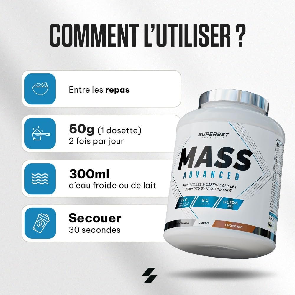 Superset Nutrition - Mass Advanced (2,5kg) - Gainer - Favorise le gain de masse musculaire et la récupération, apport important en calories + Vitamines - Énergie et digestion améliorées - Fraise
