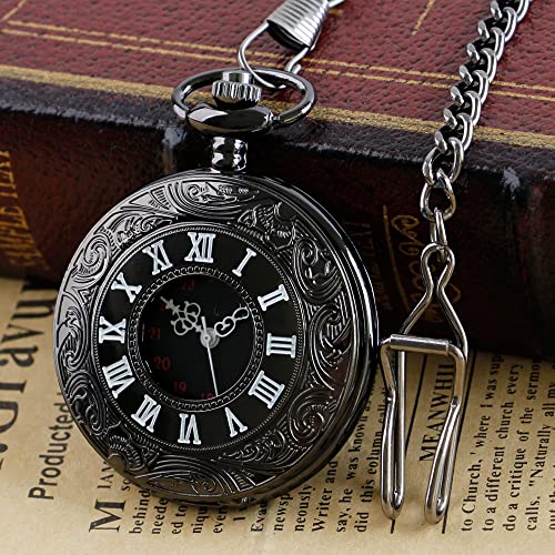 Black Hollow Men's Pocket Watch, Roman Digital Scale Men's Quartz Pocket Watches, Quartz Pocket Watch With Chain For Men-Black #TOP2