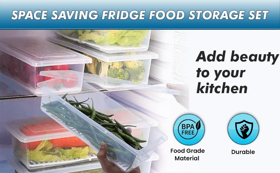 Image of Fridge Organizer Boxes Set of 6, With Drain Plate 1500ML Refrigerator Storage Containers with Blue Lids & Stackable Design for Fruits, Vegetables & Kitchen Use
