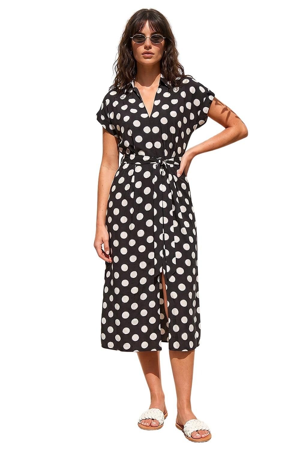 Roman Women's Spot Print Belted Midi Dress in Black | Size: 20