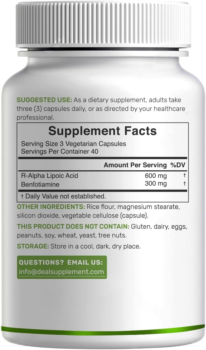 DEAL SUPPLEMENT R Alpha Lipoic Acid 600mg with Benfotiamine 300mg Per Serving, 120 Veggie Capsules – 200mg R-ALA Per Capsule – Antioxidant Supplement for Energy & Nervous System Support - Image 6