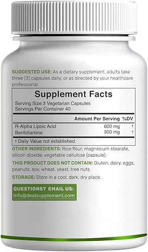 Miniatura 6 de DEAL SUPPLEMENT R Ácido alfa lipoico 600 mg con benfotiamina 300 mg por porción, 120 cápsulas vegetales  200 mg de R-ALA por cápsula  Suplemento