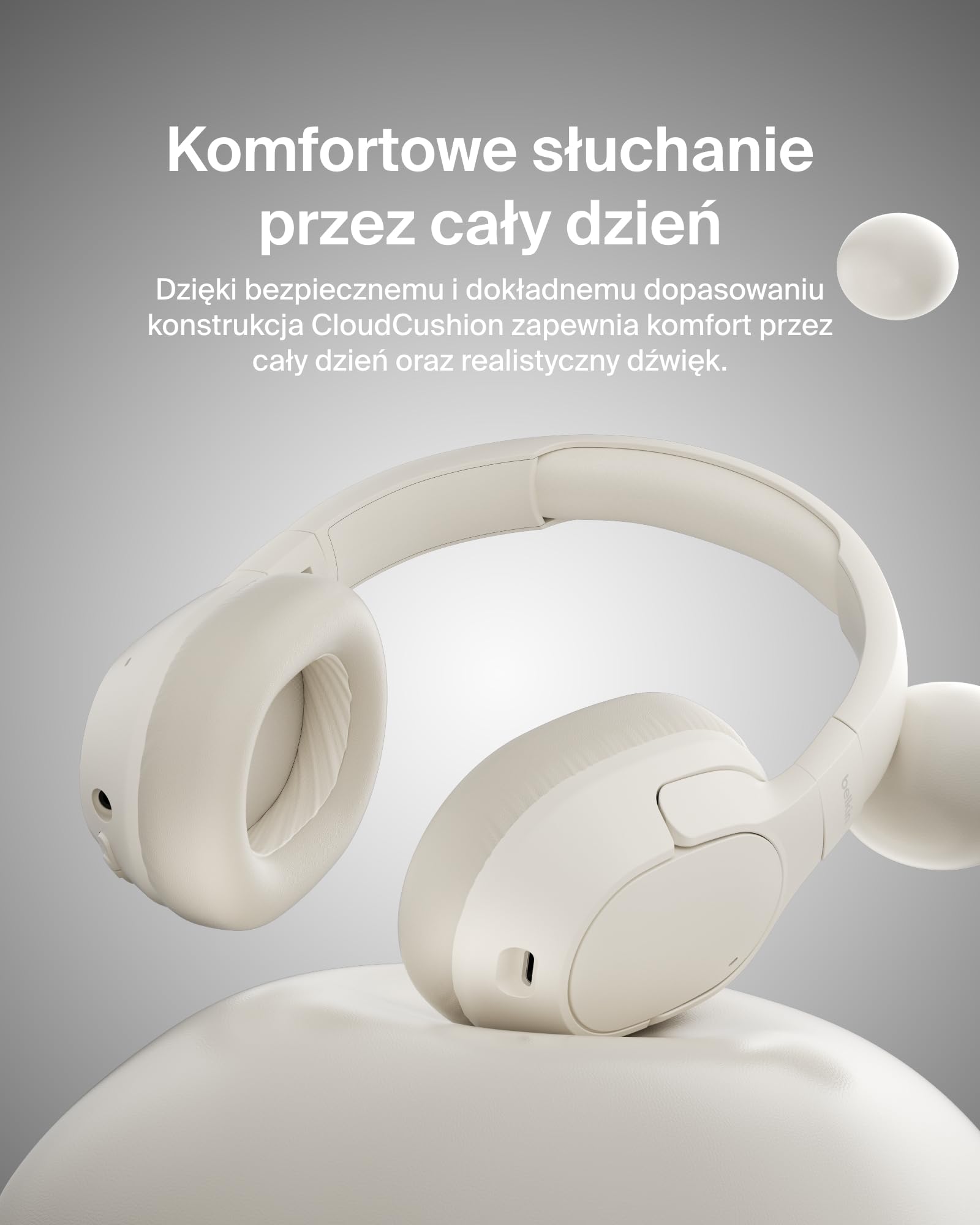 Belkin SoundForm Isolate Słuchawki Bezprzewodowe z Redukcją Hałasu, hybrydowe słuchawki Bluetooth, czas odtwarzania 60 godz., głębokie basy, nauszniki CloudCushion, do podróży, domu, biura – piaskowe
