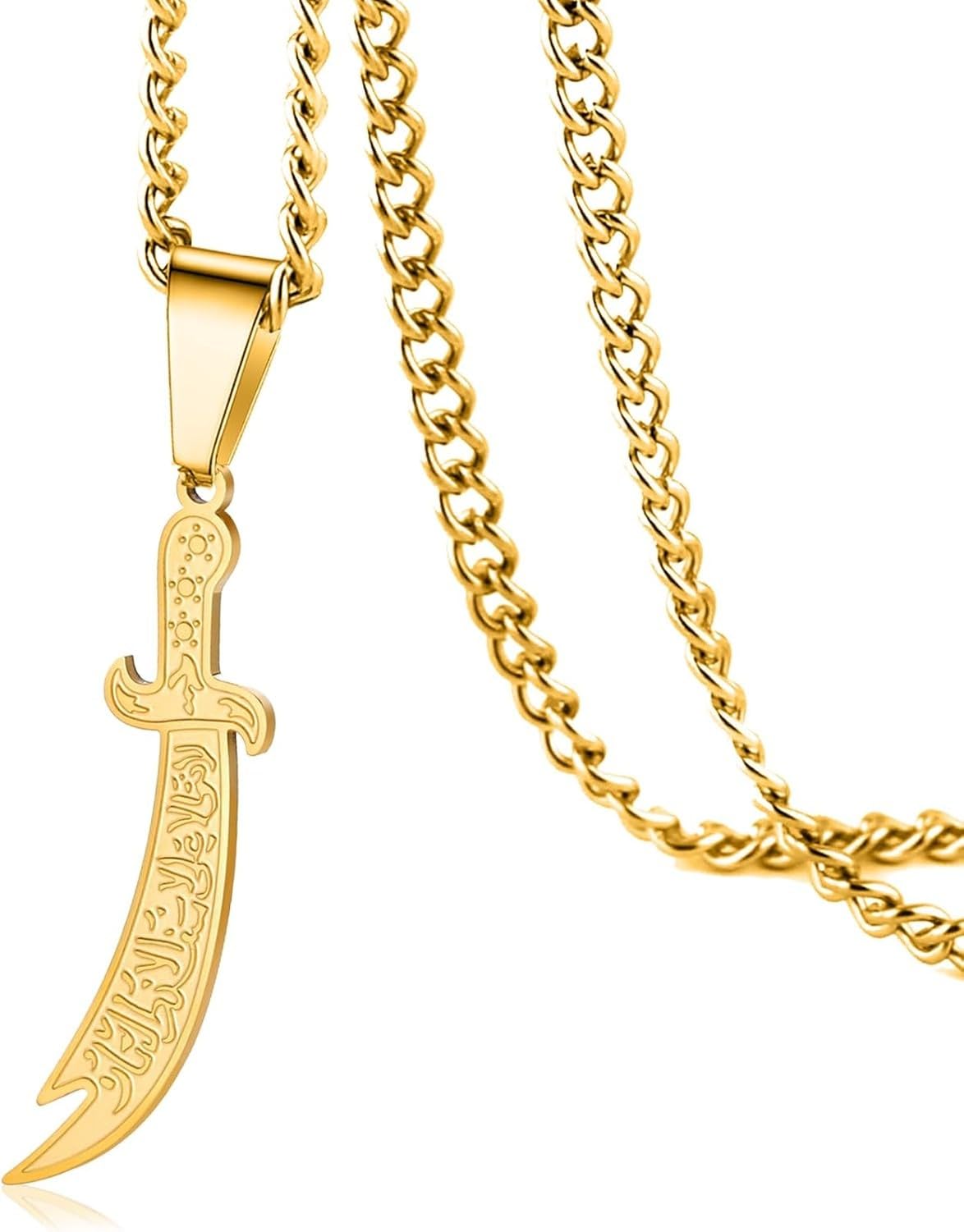 GIOFEOIK Sword Pendant Necklace for Men Women Zulfiqar Pendant Dagger Necklace Arabic Rune Islamic Muslim Jewelry Talisman Amulet Baraka Religious Gift, Gold