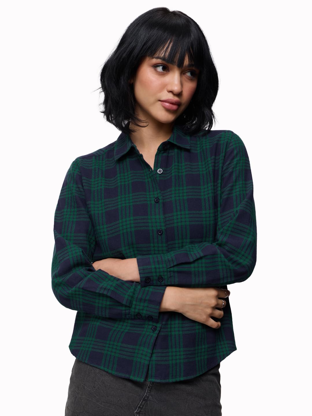 the souled store Plaid Shirt: Wildwood Women and Girls Full Sleeves Spread Collar Green and Navy Checked Cotton Relaxed Fit Lightweight Everyday Shirt for Casual Wear-picture-11