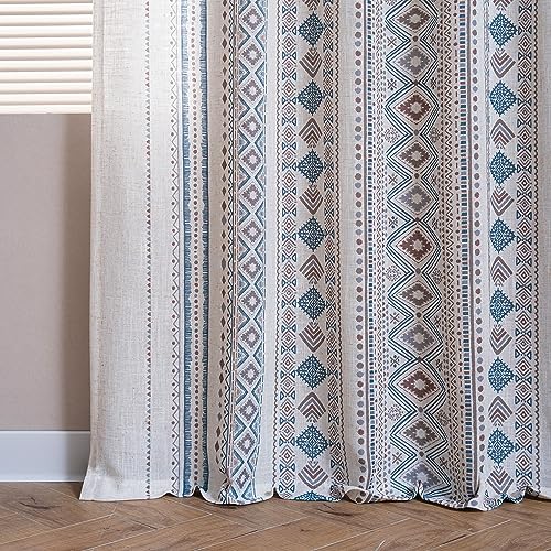 Image of MYSKY HOME Curtains 84 inches Long for Living Room Boho Linen Sheer Drapes Geometric Farmhouse Decor Light Filtering Privacy Protect Soft Touch Treatment Back Tab for Home, 50 inch Wide, Khaki, 2 Panels