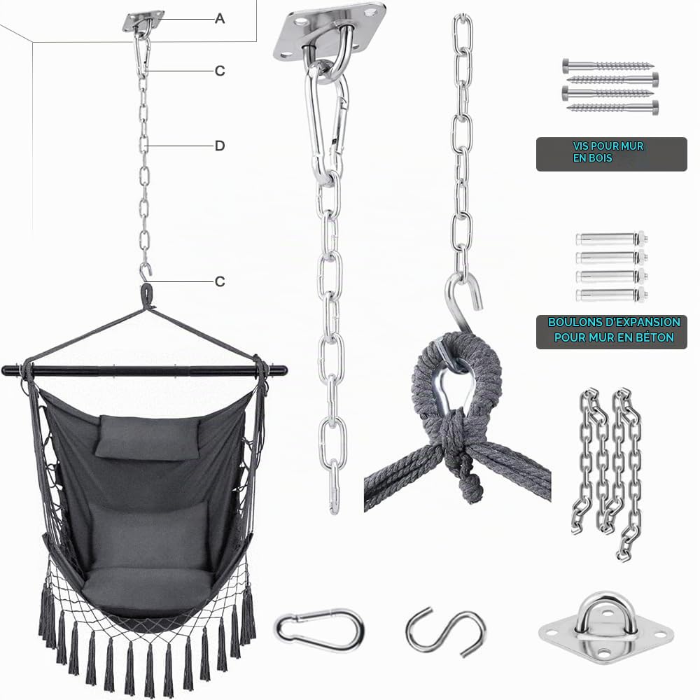 Fauteuil Suspendu avec 2 Coussins Siège et Sac - Chaise Hamac Balançoire Suspendue Charge Max 330 lbs, Fauteuil Jardin pour Intérieur et Extérieur Balcon Hamac Portable Poche Latérale (Gris Foncé)