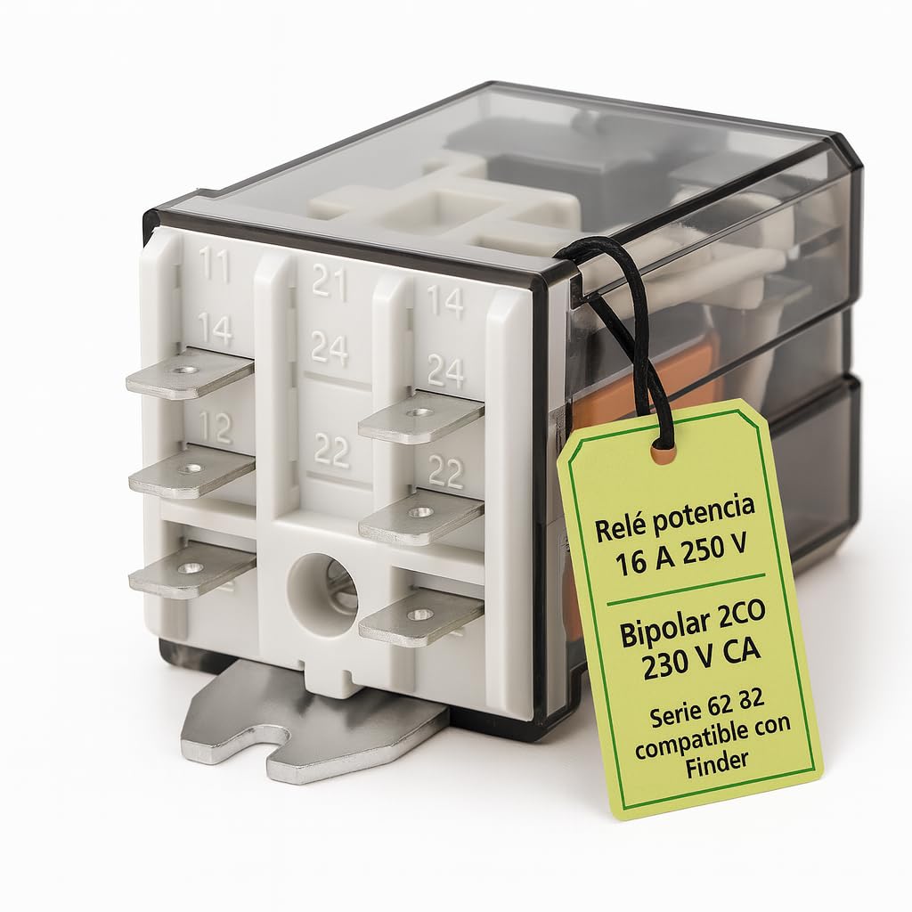 Relé electromecánico Serie 62.82 de alta fiabilidad con bobina 230V y bornes faston