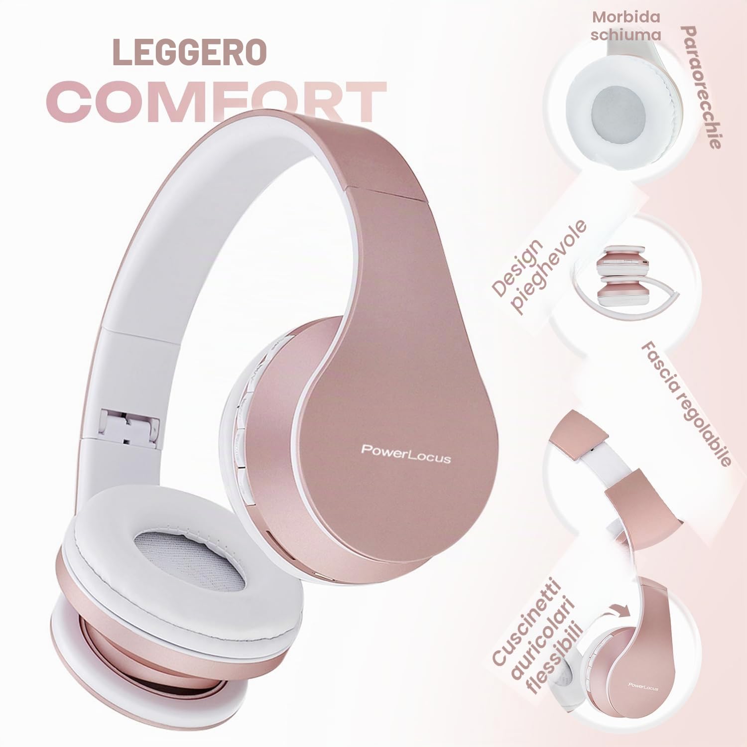 PowerLocus Cuffie Bluetooth Senza Fili Over-Ear Cuffie Stereo Pieghevoli Auricolari, Wireless Cuffie Riduzione del Rumore con Microfono per iPhone, Samsung, LG, iPad, PC, iPod (Oro Rosa)