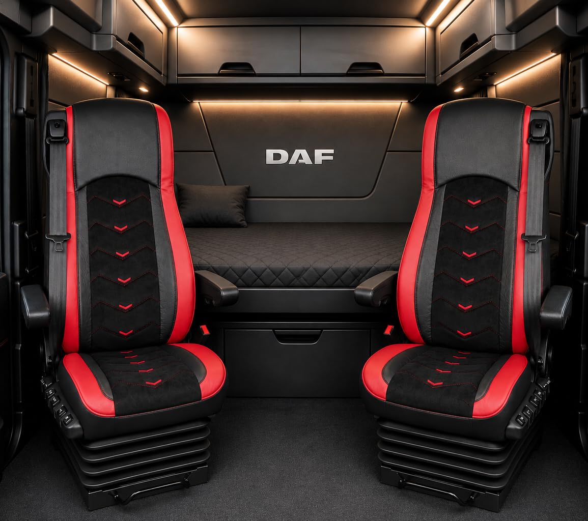 Generisch Fundas de asiento aptas para DAF XF 106 y DAF CF Euro 6 camiones 1+1 piel/Alcantara, color negro con rojo
