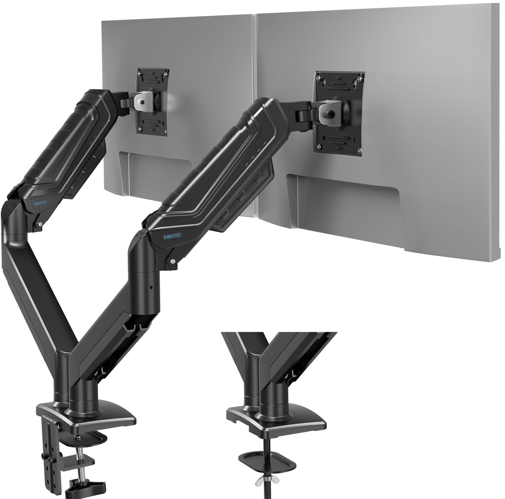 BONTEC Dual Monitor Mount for 13-32 Inch Screens, Tall Computer Monitor Stand, Adjustable Gas Spring Arm, VESA 75x75/100x100mm, Tilt, Swivel, Rotate, Holds Up to 19.8lbs, Desk Clamp & Grommet Mount