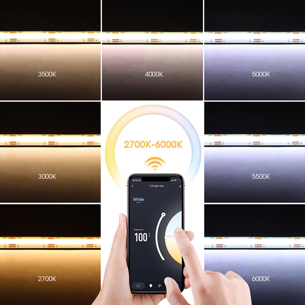 Taśma LED 5 m 24 V 608 diod LED/m z wtyczką Taśma LED WIFI COB z możliwością ściemniania, z zasilaczem Samoprzylepna 3000 K Ciepła biel IP65 Wodoodporna Do szaf Schody Korytarz Sypialnia Impreza,3m