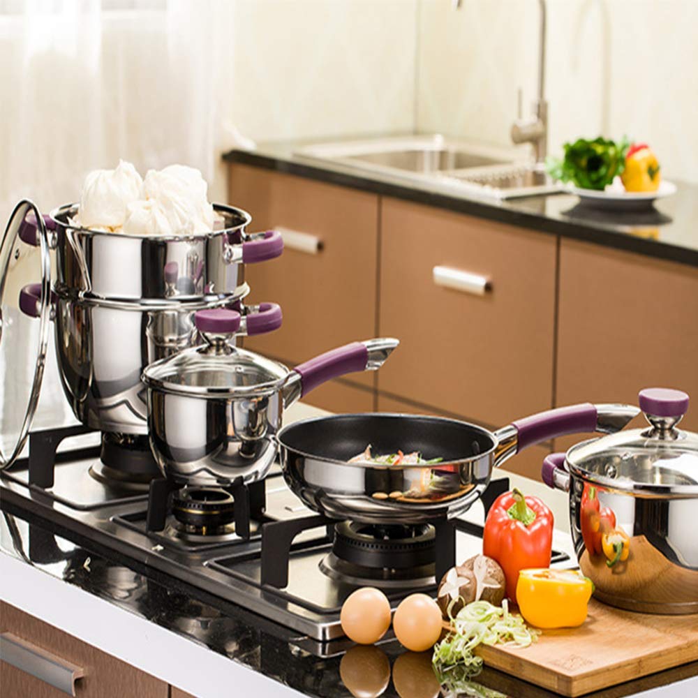 Juego de cacerolas, juego de ollas de 4 piezas, utensilios de cocina de acero inoxidable, con tapa de vidrio templado, mango cómodo, olla antiadherente, apto para cocina de inducción de gas, material