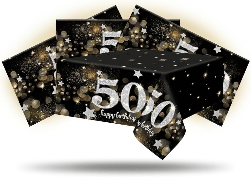 4 Pack 50th Birthday Tablecloth - Black and Gold Disposable Plastic Cover image 4
