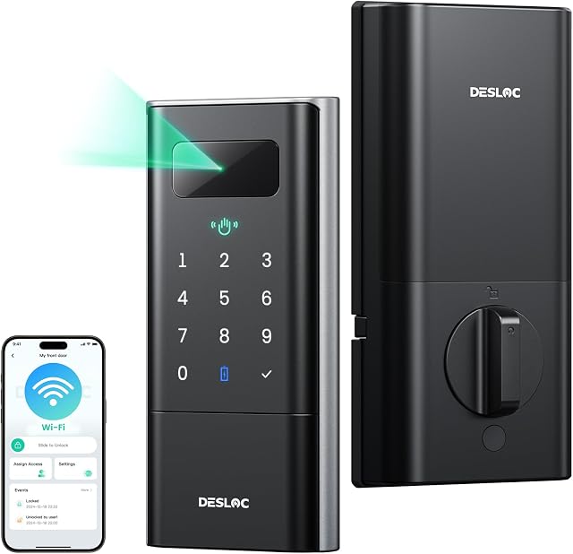 DESLOC K140 Plus Palm Vein Recognition Smart Lock, intégré WiFi | Verrouillage de porte sans clé avec clavier Deadbolt, contrôle d'application, verrouillage automatique et jusqu'à 9 Mois d'argent de la batterie rechargeable