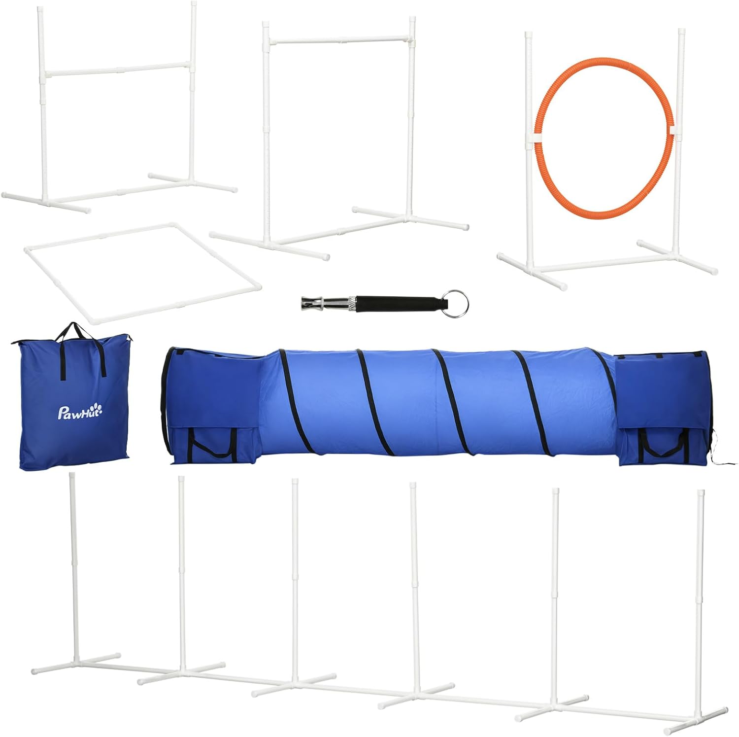 PawHut Dog Agility Training Equipment with 9.8′ Tunnel & Canine Whistle, Dog Obstacle Course for Backyard, Includes Tunnel, Jumps, Weave Poles, Pause Box