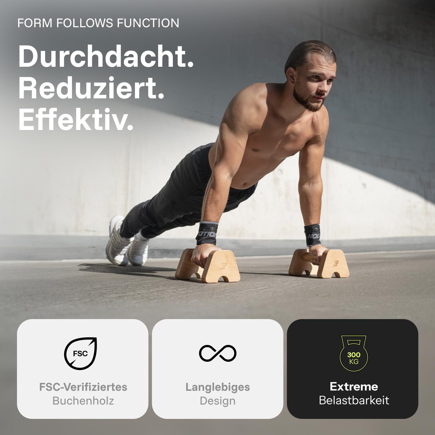 BMOTION Liegestützgriffe Holz, Parallettes Calisthenics aus Buchenholz, rutschfeste Push Up Bars und Handstand Griffe, gelenkschonend bis 300 kg, inkl. Transportband, Indoor und Outdoor