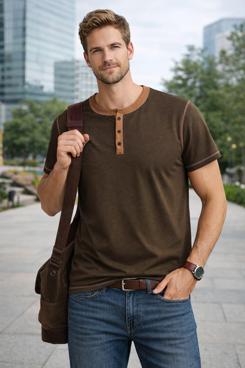 Men’s Short Sleeve Henley Shirt, Lightweight Cotton Blend 3-Button Casual Summer Tee, Olive Brown image 3