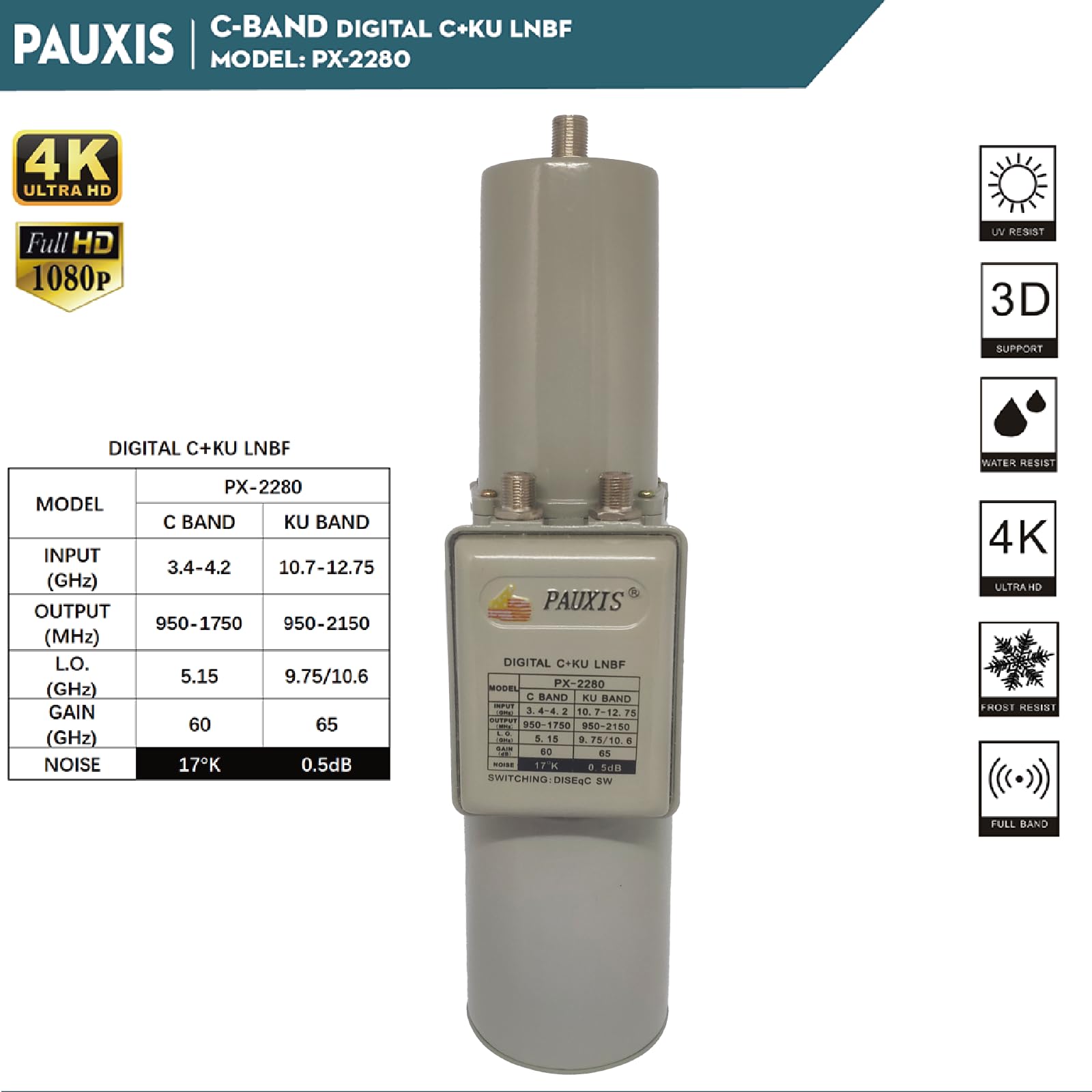 LNB C BAND AND KU BAND LNB ensemble pour TV satellite, bande C/KU double sortie LNBF, une antenne pour trois satellites, 3,4-4,2 G/10,7-12,75 GHz pour réception de télévision par satellite