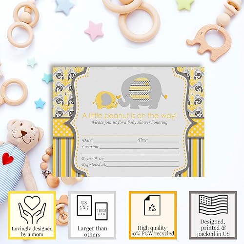 Miniatura 3 de Amarillo elefante Baby Shower, invitaciones, diez 5"x7" llenar en tarjetas con 10 sobres blancos por amandacreation