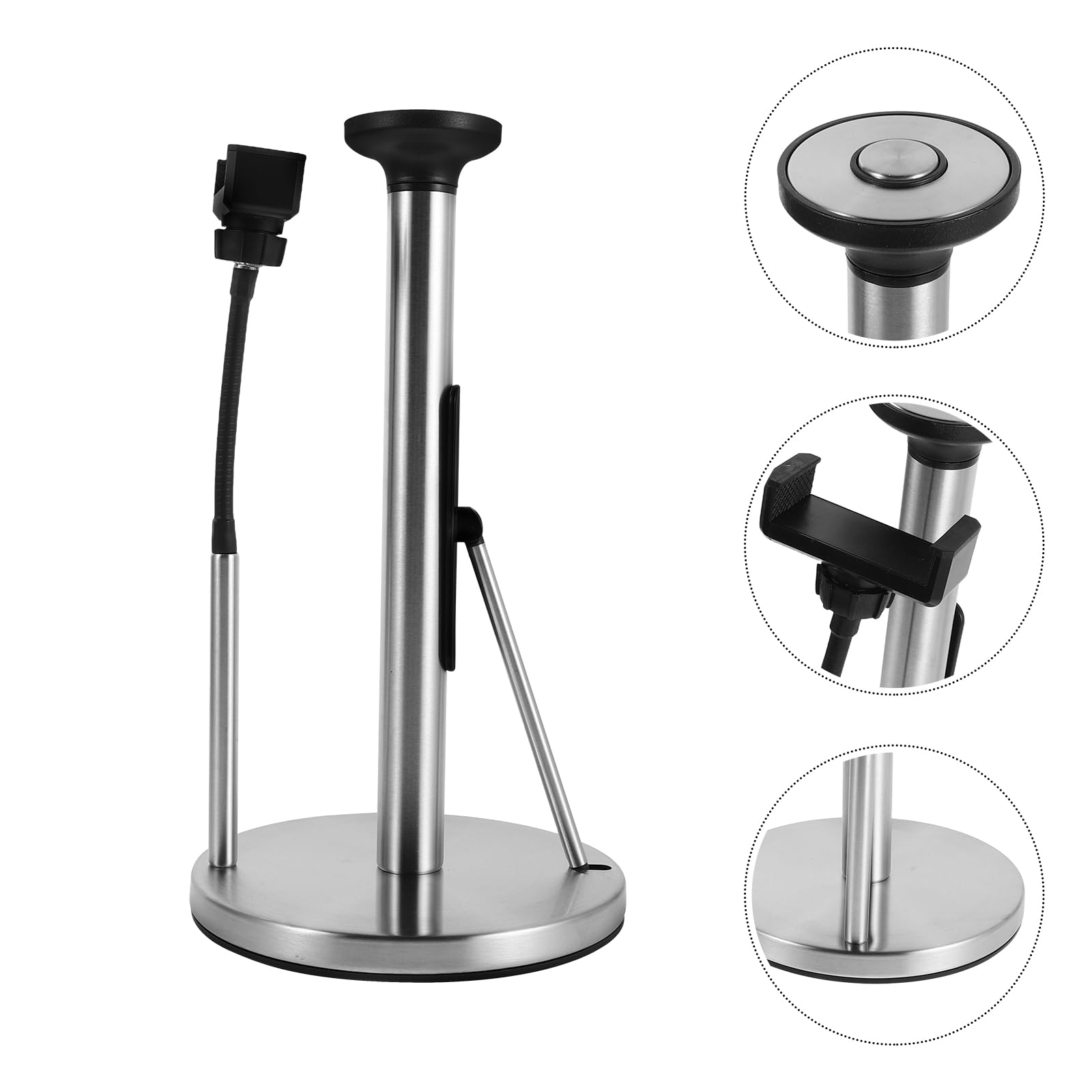 SOLUSTRE Portarrollos de Toallas de Papel de Cocina de Acero Inoxidable Cepillado, Soporte Vertical con Base Estable y Soporte para Teléfono Móvil, Dispensador Multifuncional para